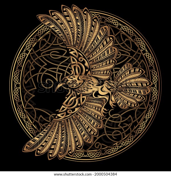Odin\'s Celtic Raven\
on the background Yggdrasil tree. Scandinavian tattoo. Runic\
symbols. Trixel, Celtic cross, Gungir and knots. Vector\
illustration of Scandinavian\
myths.