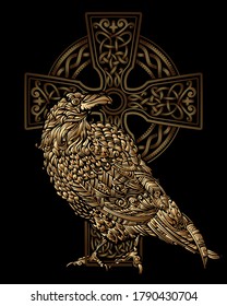 Odin's Celtic Raven. Scandinavian tattoo. Runic symbols in the Old Norse language mean Raven. Trixel, Celtic cross, Gungir and knots. Vector illustration of Scandinavian myths.