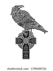 Odin's Celtic Raven. Scandinavian tattoo. Runic symbols in the Old Norse language mean Raven. Trixel, Celtic cross, Gungir and knots. Vector illustration of Scandinavian myths.