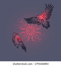 Odin's Celtic Raven. Scandinavian tattoo. Runic symbols. Trixel, Celtic cross, Gungir and knots. Vector illustration of Scandinavian myths.
