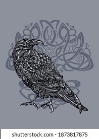 Odin's Celtic Raven. Scandinavian tattoo. Runic symbols in the Old Norse language mean Raven. Trixel, Celtic cross, Gungir and knots. Vector illustration of Scandinavian myths.