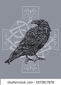 Odin's Celtic Raven. Scandinavian tattoo. Runic symbols in the Old Norse language mean Raven. Trixel, Celtic cross, Gungir and knots. Vector illustration of Scandinavian myths.