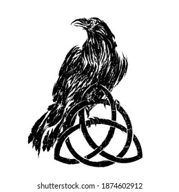 Odin's Celtic Raven. Scandinavian tattoo. Runic symbols in the Old Norse language mean Raven. Trixel, Celtic cross, Gungir and knots. Vector illustration of Scandinavian myths.