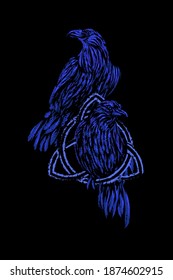 Odin's Celtic Raven. Scandinavian tattoo. Runic symbols in the Old Norse language mean Raven. Trixel, Celtic cross, Gungir and knots. Vector illustration of Scandinavian myths.