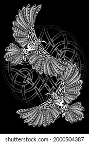 Odin's Celtic Raven. Scandinavian tattoo. Runic symbols in the Old Norse language mean Raven. Trixel, Celtic cross, Gungir and knots. Vector illustration of Scandinavian myths.