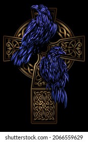 Odin's Celtic Raven. Scandinavian tattoo. Runic symbols in the Old Norse language mean Raven. Trixel, Celtic cross, Gungir and knots. Vector illustration of Scandinavian myths.