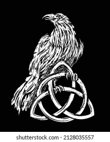 Odin's Celtic Raven. Scandinavian tattoo. Runic symbols in the Old Norse language mean Raven. Trixel, Celtic cross, Gungir and knots. Vector illustration of Scandinavian myths.