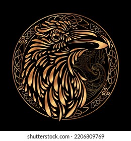 Odin's Celtic Raven. Scandinavian tattoo. Runic symbols in the Old Norse language mean Raven. Trixel, Celtic cross, Gungir and knots. Vector illustration of Scandinavian myths.