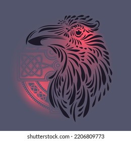 Odin's Celtic Raven. Scandinavian tattoo. Runic symbols in the Old Norse language mean Raven. Trixel, Celtic cross, Gungir and knots. Vector illustration of Scandinavian myths.