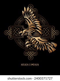 Odin's Celtic Raven. Scandinavian tattoo. Runic symbols in the Old Norse language mean Raven and Valknut. Trixel, Celtic cross, Gungir and knots. Vector of Scandinavian myths. Warriors of Valhalla