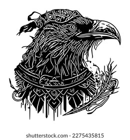 Odin's Celtic Raven. Vector illustration of Scandinavian myths. Scandinavian tattoo. Runic symbols. Triaxle, Celtic cross, Gungir and knots.