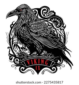 Odin's Celtic Raven. Vector illustration of Scandinavian myths. Scandinavian tattoo. Runic symbols. Triaxle, Celtic cross, Gungir and knots.