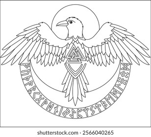 Odin's Raven, Elder Futhark Runes and Moons on Snowy Sky Background - Vector Illustration for Coloring. Outline. Scandinavian Mythology and Rune Magic. Raven