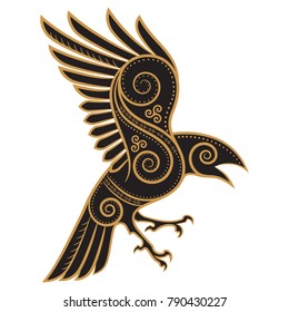 Odins Raven hand-drawn in Celtic style, isolated on white, vector illustration