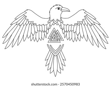 Odin's Raven with a Valknut on his Back - Vector Illustration for Coloring. Outline. Scandinavian Mythology and Magic of Runes and Symbols. Crow