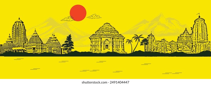 Odisha skyline with beautiful Konark Sun Temple, Shree Jagannatha Temple Puri and other Orissa Hindu temples with sea beach , mountains.