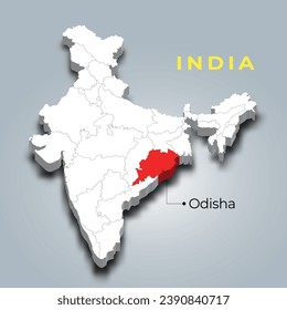 Odisha state map location in Indian 3d isometric map. Odisha map vector illustration