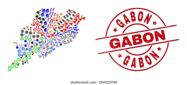 Odisha State map mosaic and distress Gabon red round stamp imitation. Gabon stamp uses vector lines and arcs. Odisha State map mosaic contains markers, homes, wrenches, suns, stars, and more symbols.