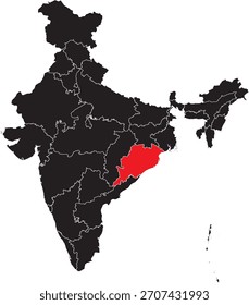 Estado de Odisha en el mapa de India Vector Editable