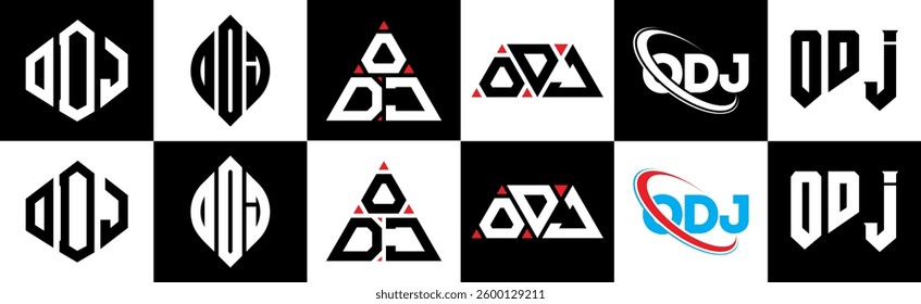 ODJ letter logo design in six style. ODJ polygon, circle, triangle, hexagon, flat and simple style with black and white color variation letter logo set in one artboard. ODJ minimalist and classic logo