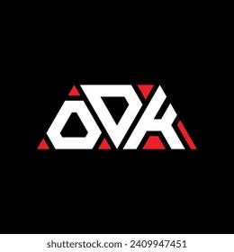 Diseño del logotipo de la letra triangular ODK con forma triangular. Monograma de diseño del logotipo del triángulo ODK. Plantilla de logotipo vectorial de triángulo ODK con color rojo. Logo triangular de ODK Diseño sencillo, elegante y lujoso.