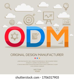 ODM: (fabricante del equipo original), letras e iconos,Ilustración vectorial.