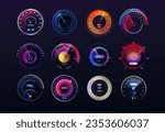 Odometer. Car speedometer. Gauge equipment panel. Speed meter. Motorcycle or motorbike rpm. Automobile drive. Kilometers measuring. Vehicle tachometers set. Vector exact progress bar