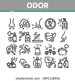 Odor Aroma And Smell Collection Icons Set Vector. Nose Breathing Aromatic Odor And Clean Air, Perfume And Oil Bottle, Facial Mask And Candle Concept Linear Pictograms. Monochrome Contour Illustrations