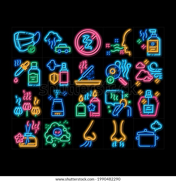 Odor Aroma And Smell\
neon light sign vector. Glowing bright icon  Nose Breathing\
Aromatic Odor And Clean Air, Perfume And Oil Bottle, Facial Mask\
And Candle Illustrations