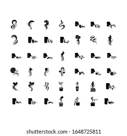 Odor black glyph icons set on white space. Hot food steam, perfume odour. Human nose smelling scent. Aromatic fragrance, fluid. Smog, fume swirls. Silhouette symbols. Vector isolated illustration