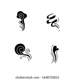 Odor black glyph icons set on white space. Good smell. Wind swirl, nice perfume scent. Aromatic fragrance flow with heart shape. Smoke puff. Silhouette symbols. Vector isolated illustration