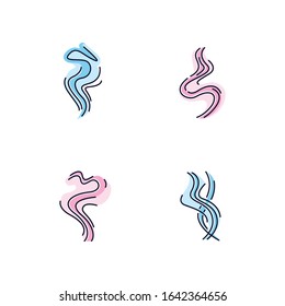 Odor blue and pink RGB color icons set. Good smell. Fluid, nice perfume scent. Aromatic fragrance flowing curves. Smoke puff, hot steam curls, fume swirls. Isolated vector illustrations