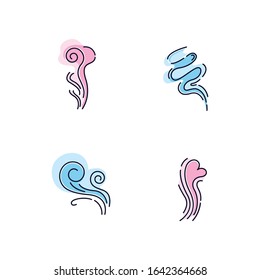 Odor blue and pink RGB color icons set. Good smell. Wind swirl, nice perfume scent. Aromatic fragrance flow with heart shape. Smoke puff, steam curls. Isolated vector illustrations