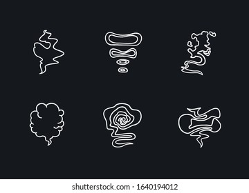 Odor chalk white icons set on black background. Smell from hookah. Aroma from cannabis. Cigarette stream. Bad scent. Hot mist. Incense, stench. Isolated vector chalkboard illustrations