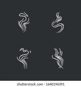 Odor chalk white icons set on black background. Good smell. Fluid, nice perfume scent. Aromatic fragrance flowing curves. Smoke puff, hot steam curls. Isolated vector chalkboard illustrations