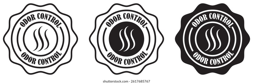 Odor Control Badge set with round seal shapes, scent wave lines, and bold label marks used for indicating smell-reduction items.