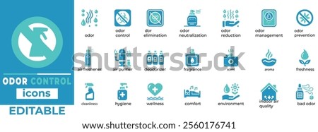 
Odor Control Icon Set Air Freshener, Essential Oils, Sanitizers, Aroma Therapy Clean, Editable Vector Graphics