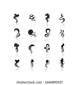 Odor drop shadow black glyph icons set. Good and bad smell. Heart shape odour, fluid. Evaporation flow. Aromatic fragrance. Smog stream, fume swirls. Isolated vector illustrations on white space