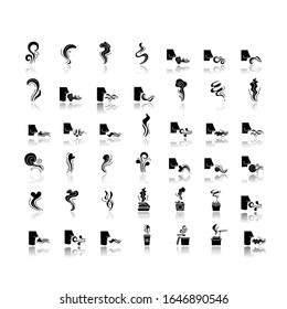 Odor drop shadow black glyph icons set. Hot food steam. Human nose smelling scent. Evaporation flow shape. Aromatic fragrance, fluid. Smog, fume swirls. Isolated vector illustrations on white space