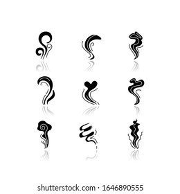 Odor drop shadow black glyph icons set. Good and bad smell. Heart shape nice odour, fluid, perfume scent. Aromatic fragrance. Smog stream, fume swirls. Isolated vector illustrations on white space