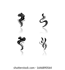 Odor drop shadow black glyph icons set. Good smell. Fluid, nice perfume scent. Aromatic fragrance flowing curves. Smoke puff, hot steam curls, fume swirls. Isolated vector illustrations on white space