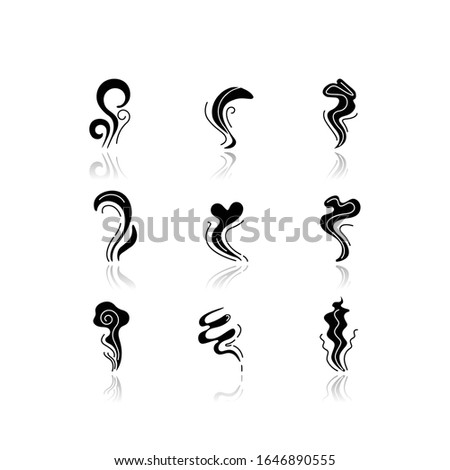 Odor drop shadow black glyph icons set. Good and bad smell. Heart shape nice odour, fluid, perfume scent. Aromatic fragrance. Smog stream, fume swirls. Isolated vector illustrations on white space