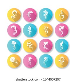 Odor flat design long shadow glyph icons set. Good and bad smell. Heart shape odour, fluid, perfume scent. Evaporation flow. Smog stream, fume swirls. Silhouette RGB color illustration