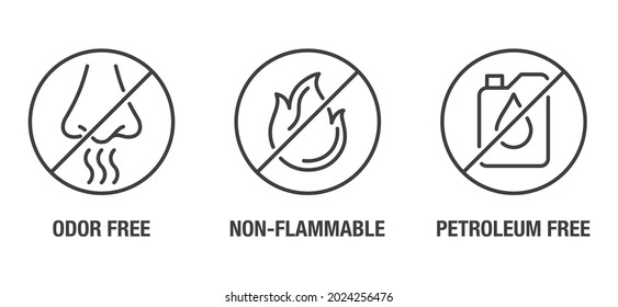 Odor free, Petroleum free, Non-flammable flat icons set for labeling of cleaning agent or other household chemicals