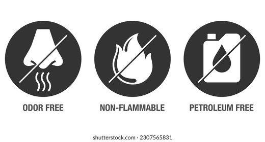 Odor free, Petroleum free, Non-flammable - flat icons set for labeling of cleaning agent or other household chemicals svg