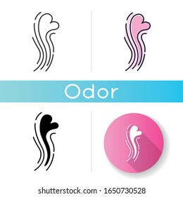 Odor icon. Good smell. Aroma swirl with heart shape evaporation. Perfume scent. Aromatic fragrance flow. Fluid puff. Linear black and RGB color styles. Isolated vector illustrations