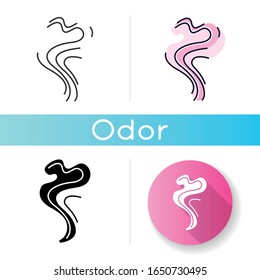 Odor icon. Perfume scent swirl. Good smell. Aroma air wave, fume. Smoke puff, steam curl. Aromatic fragrance flowing spirals. Linear black and RGB color styles. Isolated vector illustrations