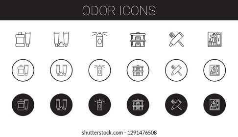 odor icons set. Collection of odor with toothpaste, hairspray, steam. Editable and scalable odor icons.