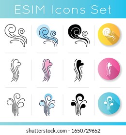 Odor icons set. Good smell. Wind swirl, nice perfume scent. Aromatic fragrance flow with heart shape. Smoke puff, steam curls. Linear, black and RGB color styles. Isolated vector illustrations