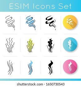 Odor icons set. Good smell. Fluid, nice perfume scent. Aromatic fragrance flowing curves. Smoke puff, hot steam curls, fume swirls. Linear, black and RGB color styles. Isolated vector illustrations
